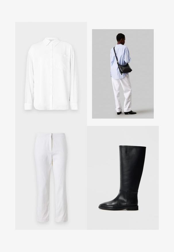 Fehér, hosszú ujjú ing, sima anyagból készült, klasszikus gallérral, gombos elülső résszel és bal oldali mellzsebbel.; Fehér pamut nadrág egyenes lábformával, közepes derékkal, látható fémrészek vagy minták nélkül. Sima textúra az egész anyagon.; Fekete bőrből készült, térd fölé érő csizma, lekerekített orral, sima felülettel, minimalista dizájnnal és lapos talppal. Egyszerű varrási részletek a szárán.; Fekete bőr válltáska puha tapintással, háromszög alakú, állítható pánttal, világoskék csíkos inggel és fehér nadrággal párosítva.