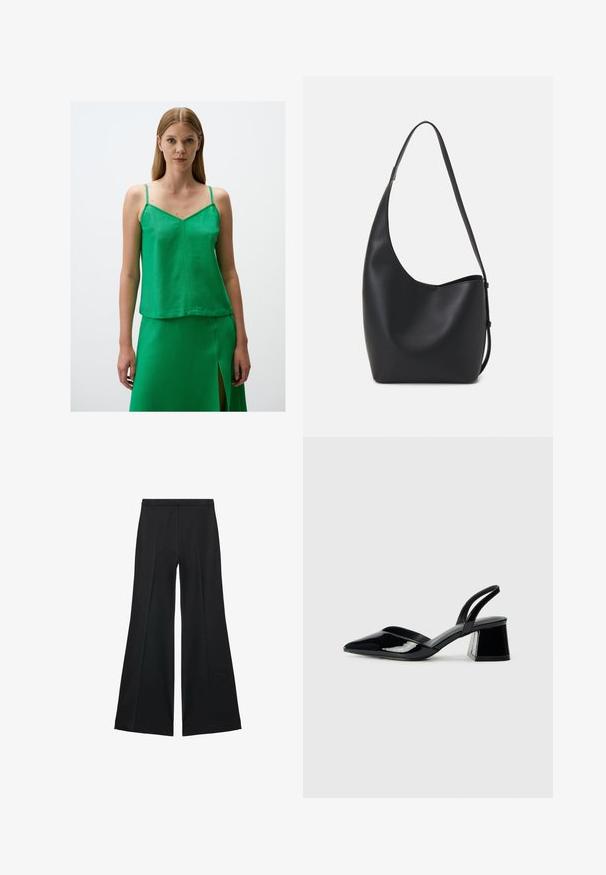 Groene linnen cami-top met dunne bandjes, met een V-hals en een relaxed fit. De textuur is soepel en de stof heeft een matte afwerking.; Zwarte wijde-pijpen broek met een gladde textuur, gekenmerkt door voorplooien en een op maat gemaakte uitstraling. De stof is lichtgewicht en vloeiend.; Zwarte gepatineerde leren slingback hakken met een spitse neus en een geometrische blokhak. Kenmerkt zich door een slank, minimalistisch ontwerp en een gladde textuur.; Zwarte leren hobo tas met een gladde textuur, kromme vorm en een enkele verstelbare schouderband; heeft een brede opening aan de bovenkant.
