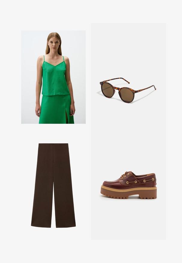 Zielona lniana koszulka na cienkich ramiączkach, z dekoltem w kształcie litery V i luźnym krojem. Tekstura jest gładka, a materiał ma matowe wykończenie.; Szerokie spodnie wykonane z gładkiej, ciemnobrązowej tkaniny. Posiadają wysoki pas i minimalistyczny design bez ozdób.; Brązowe skórzane buty typu boat shoe z grubą brązową gumową podeszwą, złotymi oczkami i kontrastowym szwem. Posiadają logo na boku.; Okrągłe okulary przeciwsłoneczne z oprawką w kolorze żółwia i brązowymi soczewkami. Posiadają cienkie zauszniki z delikatną fakturą oraz metalowe akcenty w pobliżu soczewek.