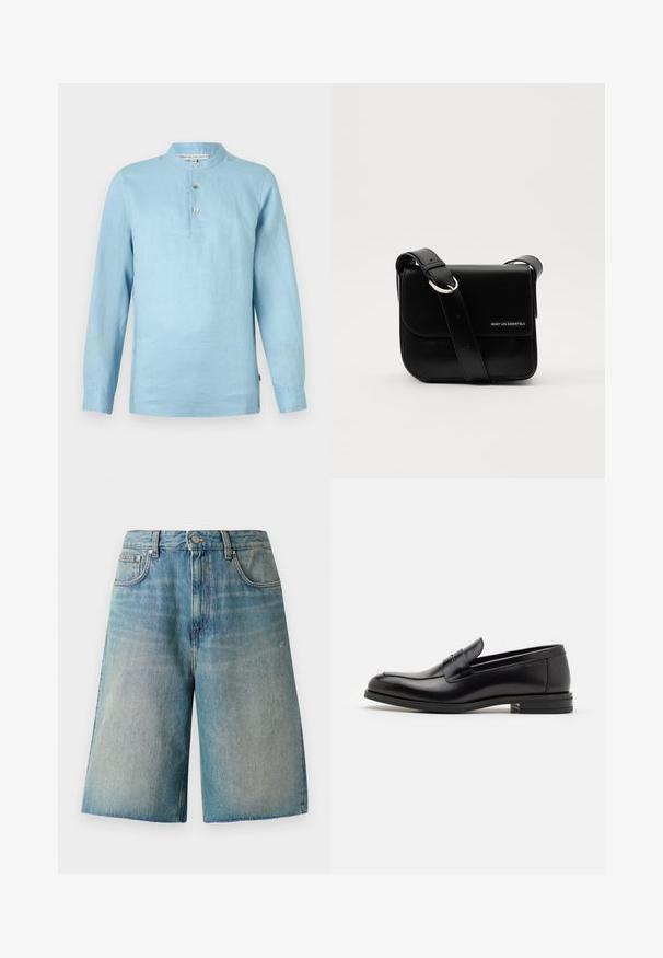 Ανοιχτό μπλε μακρυμάνικο πουκάμισο από λινό. Υψωμένος γιακάς με τρία κουμπιά. Λείος υφή και χαλαρή εφαρμογή. Περιλαμβάνει ετικέτα μάρκας στο εσωτερικό.; Λευκό βαμβακερό αμάνικο μπλουζάκι με στρογγυλή λαιμόκοψη. Λείος υφασμάτινος σχεδιασμός με ίσια γραμμή, χωρίς σχέδια ή διακοσμητικά στοιχεία.; Ανοιχτό μπλε τζιν σορτσάκια με ίσια γραμμή, ψηλή μέση και ραμμένα πλαϊνά. Διαθέτουν πέντε τσέπες και κλείσιμο με κουμπί μπροστά.; Μαύρες δερμάτινες μπαλαρίνες με λεία υφή, στρογγυλή μύτη και διακοσμητική ταινία πάνω από το επάνω μέρος. Χαμηλός καπιτώνας, μινιμαλιστικός σχεδιασμός.; WANT Les Essentiels ARCH CROSSBODY UNISEX - Τσάντα χιαστί - black
