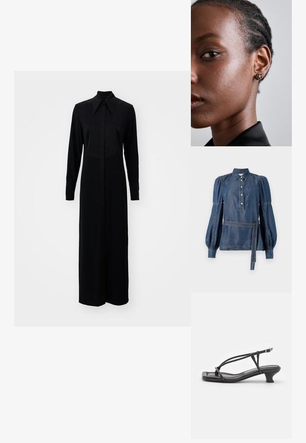 Camicia di denim con colletto, patta con bottoni e maniche a sbuffo. Caratterizzata da una vita con cintura e cuciture a contrasto. Colore blu scuro.; Abito lungo nero a maniche lunghe con chiusura a bottoni, colletto classico e silhouette dritta realizzato in un tessuto morbido.; Sandalo in pelle nera con cinturini sottili, tacco basso a blocco e punta quadrata. Presenta una chiusura con fibbia e una superficie liscia.; Borsa a tracolla in pelle nera trapuntata con apertura arricciata, tracolla in catena dorata e forma rettangolare, appoggiata su uno sfondo semplice.; L'orecchino a bottone floreale in oro presenta un centro nero texturizzato e dettagli delicati. La pelle chiara del modello e i capelli intrecciati sono visibili di profilo.