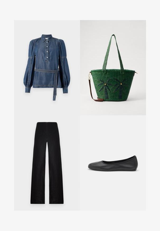 Jeans košulja s okovratnikom, zakopčavanjem na gumbe i napuhanim rukavima. Ima struk s remenom i kontrastnim šavovima. Tamnoplave boje.; Crne široke hlače od lagane tkanine. Imaju visoki struk, glatku teksturu i čiste linije bez džepova ili ukrasa.; Crne kožne baletanke s zaobljenim vrhom, glatke teksture, minimalnim detaljima šavova i fleksibilnim dizajnom potplata.; Zelena tkanjena torba za kupovinu s dizajnom palminog drveta u tamnije zelenoj boji; sadrži dvije ručke i odvojivu smeđu kožnu traku.