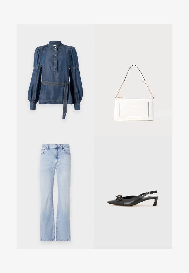 Camisa de ganga com colarinho, placket com botões e mangas bufantes. Apresenta uma cintura cingida com cinto e costuras em contraste. Cor azul escura.; Calças de ganga claras em denim, com corte flared, design de cinco bolsos, passadores para cinto e fecho com botão. Textura suave com desbotamento subtil.; Sandal com correia preta em pele, com bico fino, pequeno salto e detalhe de fivela decorativa na parte superior. Textura suave, design minimalista.; Bolsa de mão branca em couro com acabamento texturizado, featuring a corrente dourada e detalhes pretos. Inclui um bolso frontal e fecho com zipper.