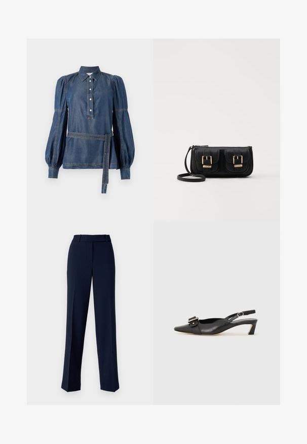 Džinsinis marškinis su apykakle, sagčių plokšte ir pūstomis rankovėmis. Yra diržas juosmens srityje ir kontrastinga siuvimo spalva. Tamsiai mėlyna spalva.; Jūrinės spalvos kelnės, pagamintos iš lygaus audinio, su tiesaus kirpimo dizainu, juostos kilpomis juosmenyje ir priekinėmis klostėmis.; Juodas odinis slingback batelis su smailiu nosiu, maža pakulne ir dekoratyvine sagtimi viršuje. Lygus paviršius, minimalistas dizainas.; Juodas odinis per petį nešiojamas krepšys su dviem priekiniais kišenėmis, auksiniais sagtimis, užtrauktuko uždarymu ir siauromis petnešomis. Textūruota paviršius ir kompaktiškas stačiakampis formatas.