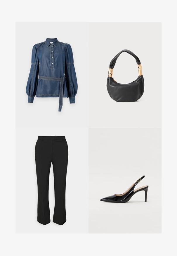 Denimskjorte med krave, knaplukning og pufferærmer. Har en belagt talje og kontrastsyning. Mørkeblå farve.; Sort skræddersyede bukser med lige ben, der har bæltestropper og sidelommer. Fremstillet af glat stof med en ren finish.; Sort patenteret læder slingback stiletto med spids tå, slank hæl og et subtilt udskæringsdesign. Har en gylden spænde på remmen.; Sort læder håndtaske med rund form, blød tekstur og en knyttet hank med guldfarvede hardware detaljer. Lynlåslukning.