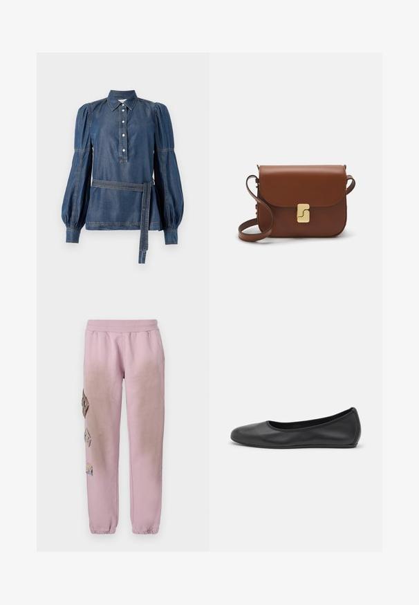 Denim shirt met een kraag, knoopsluiting en opstaande mouwen. Kenmerkt zich door een ceintuur in de taille en contrasterende stiksels. Donkerblauwe kleur.; Roze sweatpants met een elastische tailleband, voorzien van decoratieve patches in ruitvorm aan de linkerkant en elastische boorden bij de enkel.; Zwarte leren ballerina met een ronde neus, gladde textuur, minimale stikdetails en een flexibele zoolontwerp.; Bruine leren handtas met een klep sluiting, gouden hardware, een schouderband en een gladde textuur. Compact rechthoekige vorm.