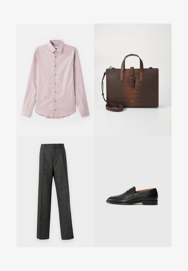 Világos rózsaszín, hosszú ujjú ing sima anyagból. Gombos nyakkal és hét elől lévő gombbal, amelyek ezüst díszítéssel rendelkeznek. Ívelt alsó szegély.; Szürke, texturált anyagból készült, szabott nadrág, két elülső pliszével és egyenes lábbal. Nincsenek látható zsebek vagy díszítések.; Fekete bőr mokaszin, kerek orral, diszkrét varrásokkal és alacsony sarokkal, sima felülettel és minimalista dizájnnal.; Barna krokodilbőr hatású bőr kézitáska tetejére erősített füllel és levehető vállpánttal. Csattal záródik, és téglalap alakú.