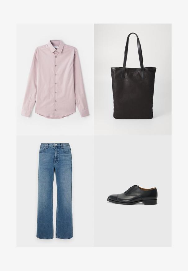 Vaaleanpunainen pitkähihaisista paita, joka on tehty sileästä kankaasta. Siinä on nappikaulus ja seitsemän etunappia, joissa on hopeiset yksityiskohdat. Kaareva helma.; Levelederg blå jeans laget av denim med en falmet finish. Har fem lommer, glidelås foran og rett snitt.; Mustat nahkakengät, joissa on sileä pinta, pyöreä kärki, viisi rei'itystä nauhoja varten ja matala lohko korko. Minimalistinen muotoilu hienovaraisella ompelulla.; Mustat kangaskassit mustilla nahkahandleilla. Yksinkertainen muotoilu, tilava runko ja sileä pinta. Ei näkyviä logoja tai kuvioita.