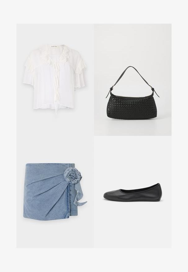 Vit kortärmad blus i lätt tyg, med volangdetaljer runt halsringningen och ärmarna. Knytning framtill.; Denimomslag i ljusblå nyans, med intrikata veck och en dekorativ blomaccent med en hängande sidenband. Mjuk textur och avslappnad design.; Svart läderballerinaskor med rund tå, slät yta, minimala söm detaljer och en flexibel sula.; Svart vävd axelväska med ett slätt läderhandtag och dragkedjestängning. Har en strukturerad yta och en böjd form.