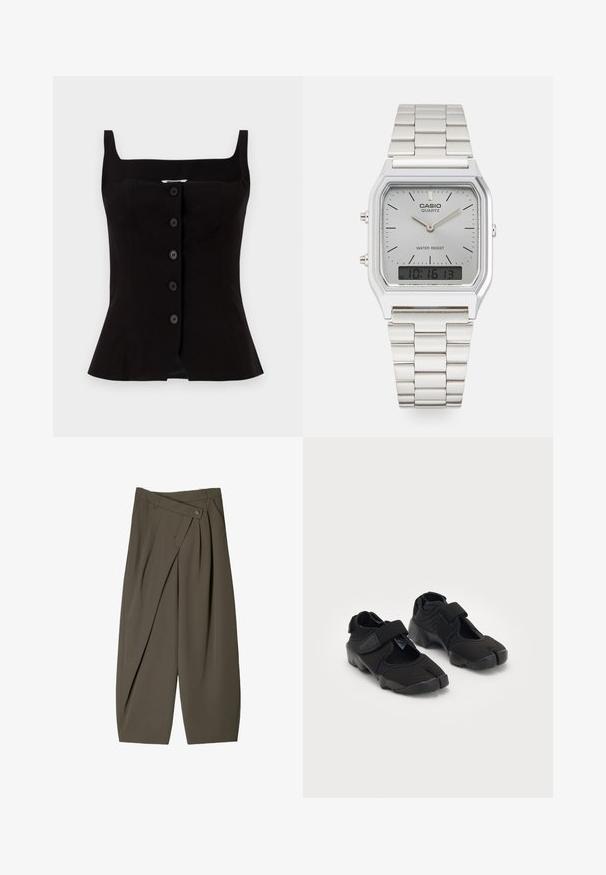 Črna brezrokavnik z kvadratnim izrezom, ki ima prilegajoče se telesno obliko in šest gumbov spredaj. Gladka tekstura z rahlo razširjenim robom.; Široki hlače iz temno olivno zelene tkanine, z nagubanimi sprednjimi deli, gumbom za zapiranje in sijajno, teksturirano površino.; Črne vodne čeveljce, izdelane iz fleksibilnega blaga, z Velcro trakom, ki se ponašajo z edinstvenim dizajnom razdeljenega prsta in teksturirano gumo podplata za boljši oprijem.; Srebrna Casio quartz ura s pravokotno/png-iskonsko obliko, analogno in digitalno prikazovanje, jekleni pas in vodoodporne funkcije.