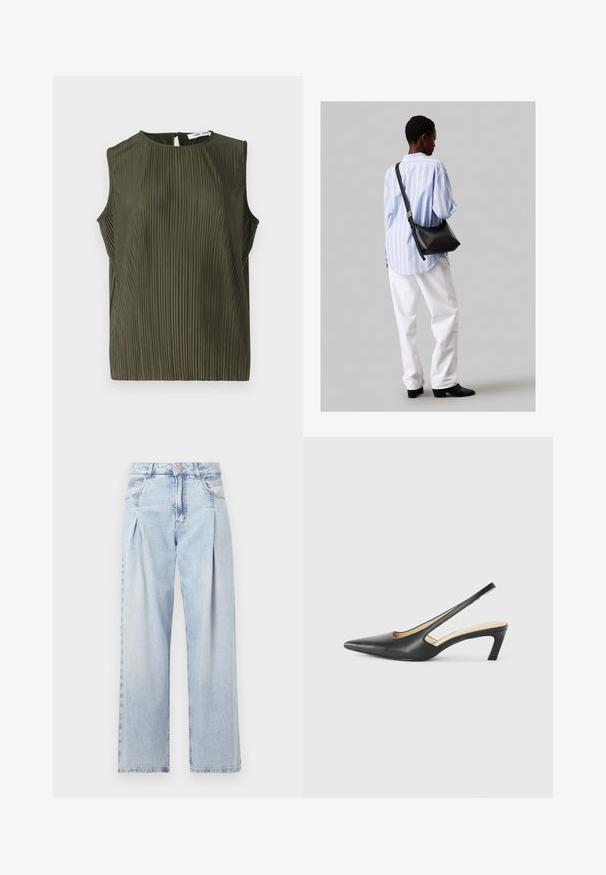 Samsøe Samsøe UMA - Blúz - forest night; Világoskék farmernadrág magas derekú, bő szabású, két oldalsó zsebbel és pliszírozott dizájnnal. Puha tapintású, elhalványított felület.; Fekete, hegyes orrú, slingback cipő alacsony sarkával, sima bőrből készült, oldalt kivágott deisgnal a légáteresztőképesség érdekében.; Fekete bőr válltáska puha tapintással, háromszög alakú, állítható pánttal, világoskék csíkos inggel és fehér nadrággal párosítva.