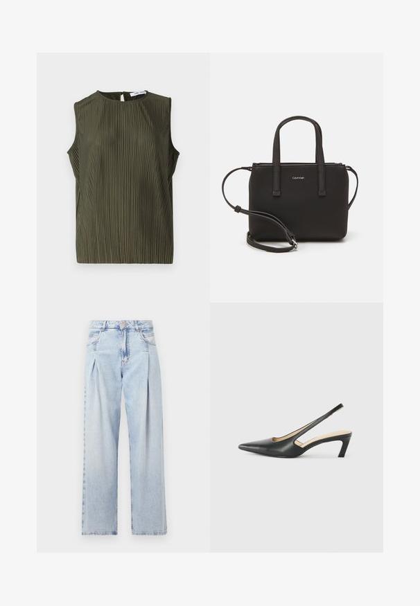 Samsøe Samsøe UMA - Blúzka - forest night; Svetlomodré džínsy s vysokým pásom, širším strihom po celej dĺžke, dvoma bočnými vreckami a skladaným dizajnom. Mäkka textúra s vyblednutým vzhľadom.; Čierne slingback topánky s ostrou špičkou a nízkym opätkom, vyrobené z hladkej kože a s výrezmi na boku pre lepšiu priedušnosť.; Čierna kabelka s dvojitými krátkymi rúčkami a odnímateľným ramenným popruhom. Hladký materiál podobný koži s uzatváraním na zips a detailom loga.