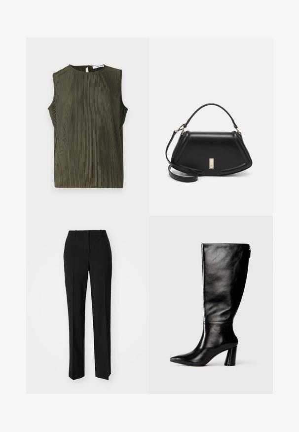 Samsøe Samsøe UMA - Blouse - forest night; Zwarte op maat gemaakte broek met een recht model, voorzien van een soepele textuur en scherpe plooien aan de voorkant. Geen zichtbare hardware.; Zwart leren laars tot de knie met een puntige neus, gladde textuur en een chunky hak. Bevat een ritsdetail aan de achterkant.; Zwarte leren handtas met een gestructureerd ontwerp, featuring een verkorte vorm, bovenhandvat en gouden hardwareaccent. Inclusief verstelbare schouderband.