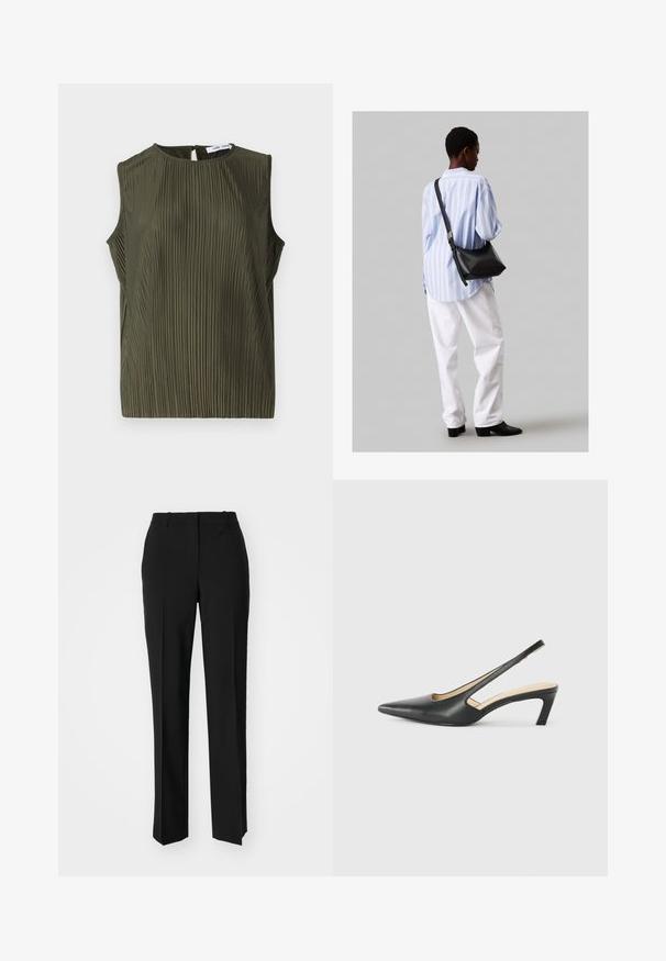 Samsøe Samsøe UMA - Pluus - forest night; Mustad ja sirged püksid, millel on sile tekstuur ja teravad voldid esiosas. Ilma nähtavate detailideta.; Must mustaga, terav varvas, madala kontsaga sildiga king, mis on valmistatud siledast nahast ja mille küljel on lõike disain hingavuse tagamiseks.; Must have mustras alasi nahkpatsi, pehme tekstuuriga, kolmnurkse kujuga ja reguleeritava rihmaga, koos helesinise triibulise särgi ja valgete pükstega.