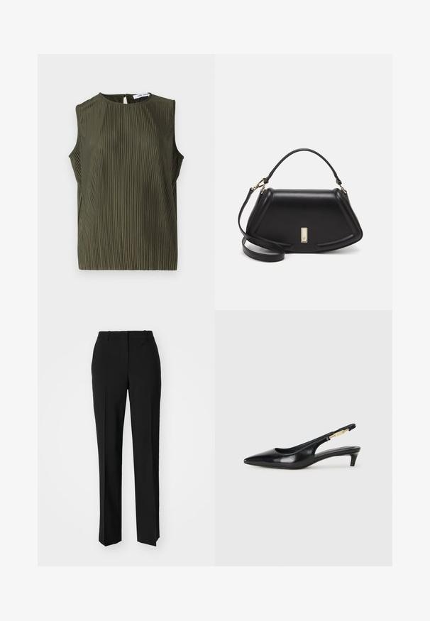 Samsøe Samsøe UMA - Camicetta - forest night; Pantaloni neri su misura con un design a gamba dritta, caratterizzati da una texture liscia e pieghe ben definite sul davanti. Senza hardware visibile.; Tacchi slingback in pelle nera con punta affusolata, caratterizzati da un tacco alto e un accento dorato sulla cinghia regolabile. Texture liscia.; Borsa a mano in pelle nera con un design strutturato, caratterizzata da una forma corta, manico superiore e accessori in metallo dorato. Inclusa tracolla regolabile.