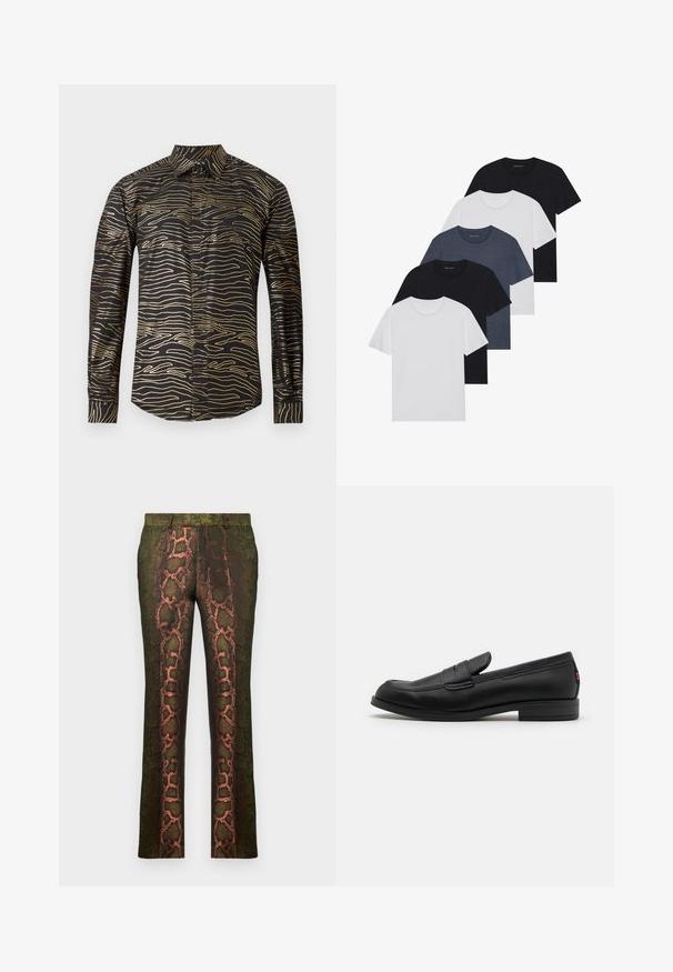 Chemise noire ornée d'un motif doré sinueux, à manches longues et col classique, fabriquée en tissu lisse avec une finition brillante.; Ensemble de cinq t-shirts en noir, blanc et bleu marine. Tissu en coton, manches courtes, design col rond et texture unie sans motifs.; Pantalons à motifs verts présentant un design imprimé de serpent avec des nuances de marron et d'orange, coupe droite et texture lisse.; Mocassins en cuir noir avec une finition lisse, un bout arrondi et une petite flèche décorative. Dotés d'un petit talon empilé et d'un détail de marque subtil.