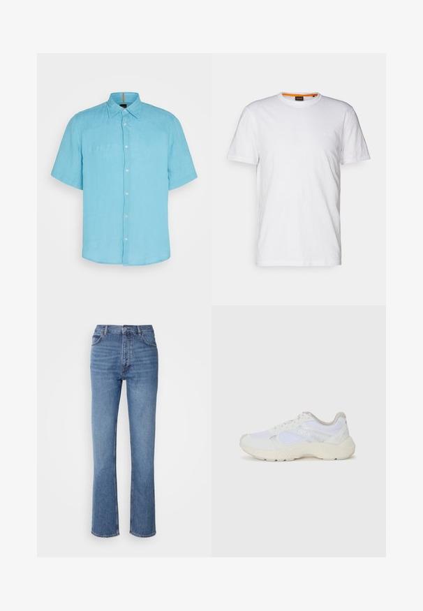 Šviesiai mėlyna trumpomis rankovėmis marška iš lininės medžiagos, su mygtukų užsegimu, smailiu apykaklės dizainu ir subtilia tekstūra be raštų ar akcentų.; Balta medvilnė marškinėliai su apvalia iškirpte, trumpomis rankovėmis ir subtiliu iškilniu logotipu ant krūtinės. Viduje esantis etiketas turi oranžinį akcentą.; Mėlyni džinsai su aukštu liemeniu, tiesaus kirpimo dizainu ir subtiliu išblukimu. Turi klasikinį penkių kišenių stilių ir užtrauktuko uždarymą.; Balti sportiniai bateliai, pagaminti iš tinklinės medžiagos ir zomšos, su tekstūruotu viduriu, tekstūruotais akcentais ir „HUGO“ logotipu šone.