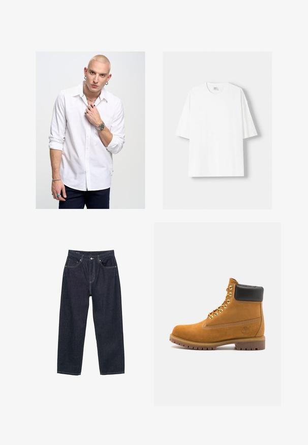 Witte blouse met lange mouwen en een kraag, met een rode accent, gecombineerd met blauwe jeans. Geaccessoireerd met sieraden en een horloge.; Witte t-shirt met korte mouwen, gemaakt van katoen, met een ronde halslijn en een relaxte pasvorm. Gladde textuur, zonder zichtbare patronen of accenten.; Donkerblauwe denim jeans met een losse pasvorm, voorzien van vijf zakken, contrasterende gele stiksels en een knoopsluiting aan de voorkant.; Tan suède enkelboot met zwart gevoerd kraagje, gouden metalen oogjes, witte stikdetails en een robuuste rubberen zool met uitgesproken profiel.