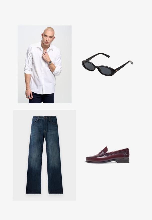 Witte blouse met lange mouwen en een kraag, met een rode accent, gecombineerd met blauwe jeans. Geaccessoireerd met sieraden en een horloge.; Donkerblauwe spijkerbroek met een recht model, voorzien van een lichte stof, riemlussen en een klassieke vijf-pocket stijl.; Bordeaux leren instapper met een ronde neus, gestikte details en een kleine decoratieve accent op de schacht. Platte, contrasterende zool.; Zwarte oversized zonnebril met ovale lenzen, een glad plastic montuur en gouden accenten op de pootjes. Donkere lenzen bieden bescherming tegen de zon.