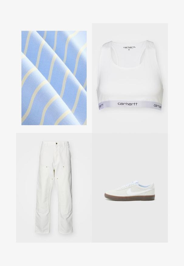 Svijetloplava tkanina s tankim, valovitim bijelim prugama. Tekstura površine s suptilnim uzorkom, koja prikazuje glatki i mekani izgled.; Bijeli sportski grudnjak od glatkog materijala, s dizajnom sportskog leđa i sivoj elastičnoj traci na kojoj se nalazi Carhartt logo u crnoj boji. Veličina mala.; Bijele pamučne cargo hlače s opuštenim krojem. Značajke uključuju prednje džepove, zlatne detalje i ojačane dijelove koljena.; Svijetlosivi teniski s bijelim Nike logoom, teksturiranom gornjom djelom i smešnim gumiranim potplatom. Ima okrugle vezice i podstavljeni ovratnik.