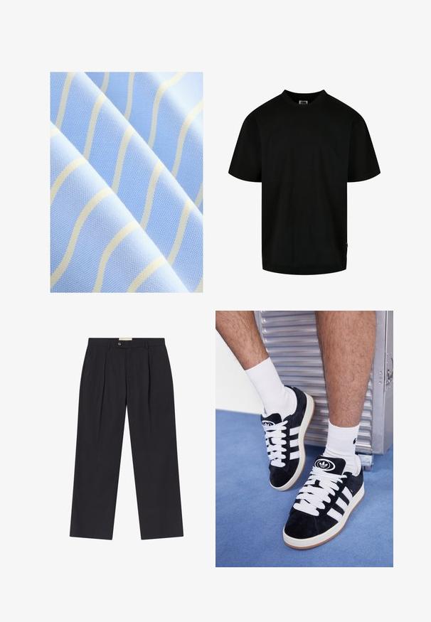 Lichtblauwe stof met dunne, golvende witte strepen. Geweven oppervlak met een subtiel patroon, dat een gladde en zachte uitstraling heeft.; Zwart T-shirt van katoen, met een ronde hals en korte mouwen in een losse pasvorm. Eenvoudig ontwerp, zonder patronen of grafische elementen.; Op maat gemaakte donkerblauwe broeken met een hoge taille, twee voorplooien, knoopsluiting en rechte pijpen in een soepele stof.; Zwarte suède sneakers met witte veters en drie witte strepen. Heeft een cirkelvormig zwart logo op de tong en een gumrubberen zool.