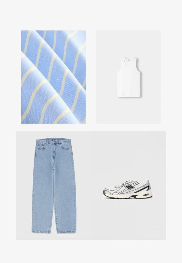 Tessuto blu chiaro con sottili strisce bianche ondulate. Superficie testurizzata con un motivo sottile, che evidenzia un aspetto liscio e morbido.; Canotta bianca in cotone con scollatura rotonda, spalline larghe e orlo dritto, caratterizzata da una superficie liscia e senza motivi visibili.; Jeans in denim azzurro chiaro con design a gamba dritta, caratterizzati da una vita media, cinque tasche e chiusura con bottone e zip.; Sneaker atletico bianco e grigio con logo "N" nero, tomaia in rete, suola ammortizzata e design con lacci, mostrato su uno sfondo grigio chiaro uniforme.