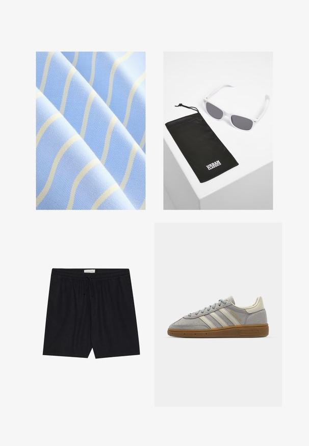 Šviesiai mėlynas audinys su plonomis, banguotomis baltomis juostelėmis. Textūruotas paviršius su subtiliu raštu, išryškinantis lygią ir švelnią išvaizdą.; Juodi šortai su elastingu juosmeniu ir raiščiu, pasižymintys glotnia tekstūra ir tiesiu kirpimu, tinkami kasdieniam dėvėjimui.; Pilki zomšiniai sportbačiai su šviesiai pilkomis odinėmis juostelėmis ir guminiu padu. Ypatybės: raištelių uždarymas ir subtilus prekės ženklo logotipas ant liežuvėlio.; Baltos plastikinės saulės akinių su pilkais objektyvais šalia juodos audinio dėklo, ant kurio išryškintai parašyta "URBAN CLASSICS".