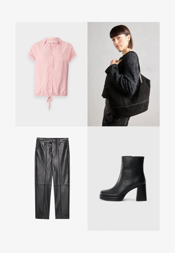 Kortärmad skjorta med krage i rosa och vita vertikala ränder, har en knäppning framtill och en dragsko i nederkant. Lättviktsmaterial.; Svarta läderbyxor med en slät textur, med rak passform, två framfickor och synliga sömdetaljer.; Svart läderankelboot med blockklack och platåsula, sedd från sidan på en enkel vit bakgrund.; Svart mocka tote-väska med en slät textur, strukturerad form och kontrasterande sömmar. Har långa bärremmar för axelbärande.