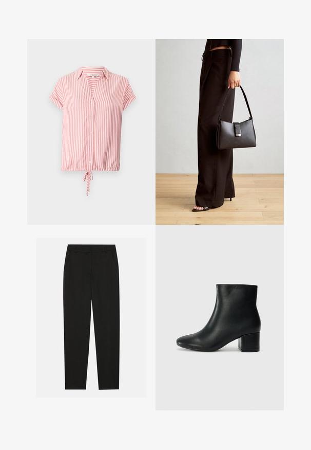 Rožinė ir balta vertikaliomis juostelėmis trumpomis rankovėmis, su apykakle, mygtukais užsegama blouse, turinti virvutę apatinėje dalyje. Lengvas audinys.; Juodos kelnes su pritaikytu dizainu, turinčios šonines kišenes ir tiesią koją. Pagamintos iš lygaus, lengvo audinio su blizgiu paviršiumi.; Juodos odinės aulinės botai su smailiu priekiniu pirštu ir storu kulnu. Lygus tekstūra su minimaliomis detalėmis ir elegantišku, tvirtai priglundančiu dizainu.; Juodas rankinė struktūrizuota forma, lygi tekstūra ir metalinis užsegimas. Suporuota su plačiomis juodomis kelnėmis ir atvirais bateliais ant medinių grindų.