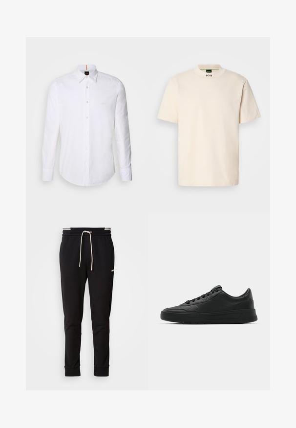 Balts garām piedurknēm pogājamais krekls, izgatavots no kokvilnas, ar klasisku apkakli, smalku logo tuvumā krūtīm un baltām pogām.; Krēmkrāsas īsām piedurknēm T-krekls ar augstu apkakli, uz kura priekšpuses un iekšējā etiketē ir melnā krāsā izdrukāts "BOSS".; Melni slaidi jogger bikses ar baltu auklu, ribotām piedurknēm un diskrētu logo augšstilbā uz vienkārša fona.; Melnās kedas ar gludu ādas augšpusi, apaļu purngalu, plakaniem šņorēm, mīkstinātu apkakli un minimālistisku dizainu. Gumijas zole ar smalku rakstu.