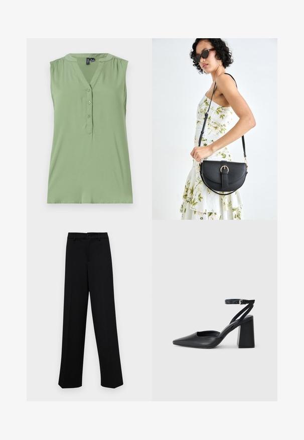 Gaiši zaļš bez piedurknēm tops ar pogu aizdari priekšpusē, V-veida kaklu, savilktiem plecu elementiem un gludu tekstūru.; Melnas platajās bikses, kas izgatavotas no gludas auduma, ar klasisku jostu un pogu aizdari, kā arī priekšējām kroku detalizācijām.; Melna ādas augstpapēžu kurpe ar norakstīto purngala formu, potītes siksniņu un masīlu papēdi. Gluda tekstūra, elegants dizains un minimālisma estētika.; Melnas ādas rokassoma ar izliekta formu, noņemamu siksnu un zelta aksesuāriem. Somai ir vāciņš ar sprādzes detaļu.