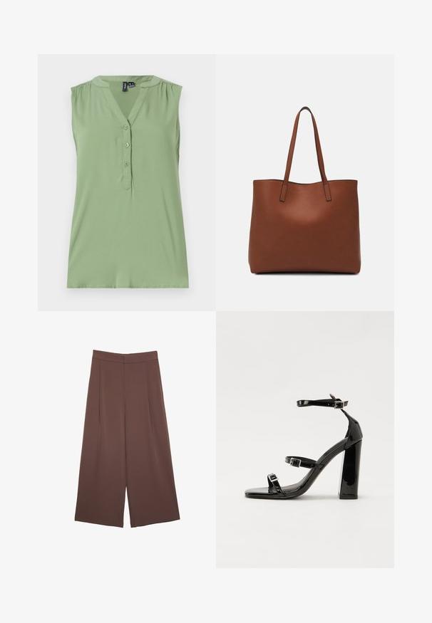 Svetlozelený bezrukávový top s predným zapínaním na gombíky, výstrihom do V, zhromaždenými detailami na pleciach a hladkou textúrou.; Hnedé nohavice so širokými nohavicami a hladkou textúrou, s vysokým pásom a prednými skladmi. Tkanina je ľahká a voľne sa pohybuje.; Čierne lakované sandále na podpätku so štvorcovou špičkou, navlečenými remienkami okolo členku a striebornými prackami. Disponujú masívnym blokovým podpätkom pre stabilitu.; Hnedá kožená taška na rameno s hladkou textúrou, otvoreným vrchom a dvoma ramenými popruhmi. Má minimálne šitia a žiadne viditeľné kovania.