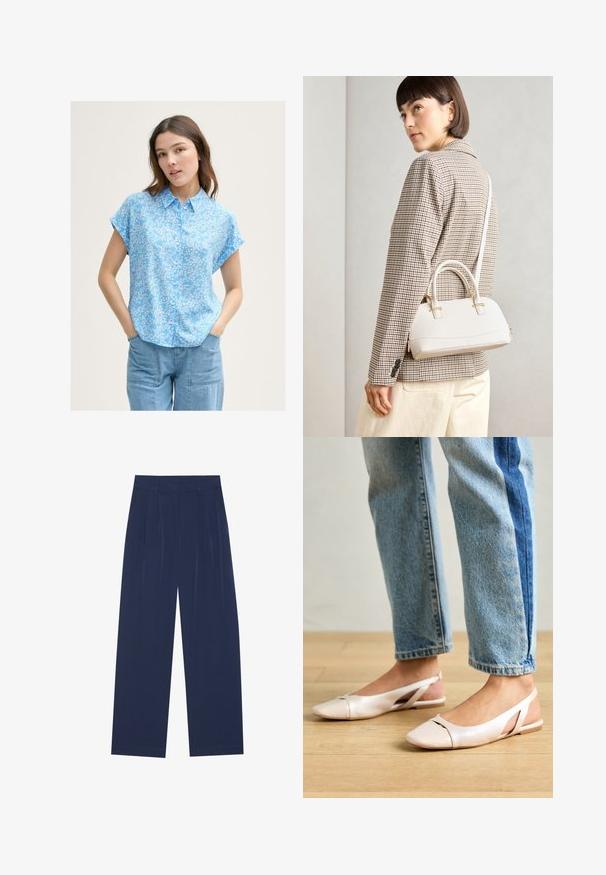 Gaiši zila īsām piedurknēm blūze ar nelielu baltu ziedu rakstu, ar pogu aizdari priekšā un brīvu piegriezumu. Saskaņota ar gaiši zilām džinsu biksēm.; Tumši zili platleņķa bikses, kas izgatavotas no mīksta auduma, ar priekšējo krokām, gludu tekstūru un taisnu piegriezumu bez redzamām kabatām.; Bālti rozā siksniņu dzīvokļi ar smailu purngalu, izgatavoti no gludas ādas līdzīgās materiāla. Iezīmē izgriezumu detaļas sānos un platu papēdi.; Balta strukturēta roku soma ar īsām rokturiem un plecu siksnu, ar zelta aparatūras akcentiem un strukturētu materiālu, izstādīta uz pelēka fona.