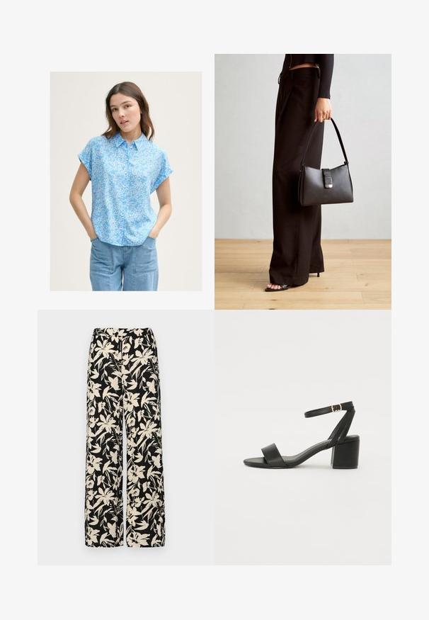 Šviesiai mėlyna trumpomis rankovėmis bluzelė su mažomis baltomis gėlių raštais, su sagų užsegimu priekyje ir laisvu siluetu. Suderinta su šviesiai mėlynomis džinsinėmis kelnėmis.; Juodos plačios kojos kelnės su grietinėlės spalvos gėlių raštu. Pagamintos iš lengvos medžiagos, pasižyminčios lygiapass viršutine tekstūra ir aukštu liemeniu.; Juodos aukštakulnės sandalai su lygiu odiniu viršumi, atvira nosimi, plačiomis priekinėmis dirželiomis ir reguliuojama kulkšnies juosta su auksiniu sagtimi.; Juodas rankinė struktūrizuota forma, lygi tekstūra ir metalinis užsegimas. Suporuota su plačiomis juodomis kelnėmis ir atvirais bateliais ant medinių grindų.