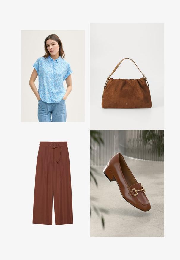 Hele sinine lühikeste varrukatega pluus, millel on väike valge lillemuster, nööbid ees ning lõtv lõige. Kombineeritud helehalli denimist pükstega.; Küljed on laiad pruunidest kangast püksid, millel on ruudukujuline pandla ja pleeditud disain, samuti sile tekstuur.; Pruunist lakknahast loafer, millel on ruudukujuline varvas, metallist ahel kaunistus ja madal plokkkonts; sile tekstuur, minimalistlik disain.; Pruun nubukist käekott, millel on kokku tõmmatud disain, ühesaanvärvilise naha rihmaga ja esiküljel peen kuldne logo detail.