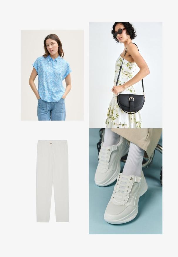 Lichtblauwe blouse met korte mouwen en een klein wit bloemenpatroon, knoopsluiting aan de voorkant en een losse pasvorm. Gecombineerd met lichtblauwe denim broek.; Witte, op maat gemaakte broek met een rechte pijpdesign, featuring een knoopsluiting, riemlussen en zijzakken; gladde stoftextuur.; Witte sneakers met een mesh materiaal, rubberen zool, vetersloze uitvoering met elastische banden en gouden accenten.; Zwarte leren handtas met een gebogen vorm, afneembare schouderband en gouden hardware. De tas heeft een klep met een gespsluiting.