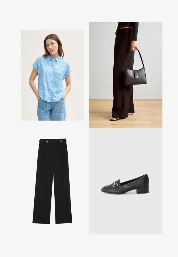 Hele sinine lühikeste varrukatega pluus, millel on väike valge lillemuster, nööbid ees ning lõtv lõige. Kombineeritud helehalli denimist pükstega.; Mustad laiad püksid kõrge vöökoha ja nööpdetailidega vööandil, esikortsudega.; Mustad nahast loafers madala kontsaga, millel on esiküljel dekoratiivne kuldne detalj ja sile tekstuur.; Must musta kott, millel on struktureeritud kuju, sile tekstuur ja metallist klamber. Kombineeritud laiate mustade pükstega ja avatud varvaste sandaalidega puidust põrandal.