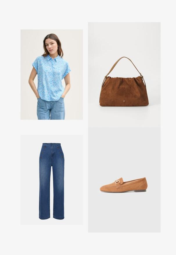 Himmelblaues Kurzarmbluse mit kleinem weißen Blumenmuster, Knopfleiste und lockerer Passform. Kombiniert mit hellblauen Jeanshosen.; Hochgeschnittene Jeans aus Denim in mittlerem Blau. Besitzt auffällige Knopfdetails vorne und einen weit geschnittenen Stil. Der Stoff hat eine glatte Textur mit leichten Ausbleichungen.; Kamel-suede Slipper mit runder Spitze, einem dekorativen Loopschmuckelement und flachem Absatz. Glatte Textur und einfache Steppnähte.; Braune Wildlederhandtasche mit einem gerafften Design, ausgestattet mit einem einzelnen hellbraunen Ledertragegurt und einem subtilen goldenen Logo-Detail auf der Vorderseite.