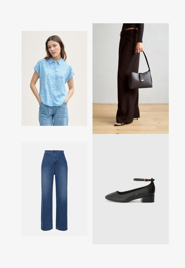 Svetlomodrá blúzka s krátkym rukávom a malým bielym kvetinovým vzorom, s rozopínaním na gombíky vpredu a voľným strihom. Skombinovaná so svetlomodrými džínsami.; Džíny s vysokým pásom v strednej modrej farbe. Obsahujú predné gombíkové detaily a široký strih nohavíc. Látka má hladkú štruktúru s miernym vyblednutím.; Čierne kožené lodičky s špicatou špičkou a nízkym blokovým podpätkom. Obsahuje remienok okolo členka so zlatým prackou. Hladký povrch.; Čierna kabelka so štruktúrovaným tvarom, hladkou textúrou a kovovou sponou. V kombinácii so širokými čiernymi nohavicami a sandálmi s otvorenou špičkou na drevenej podlahe.