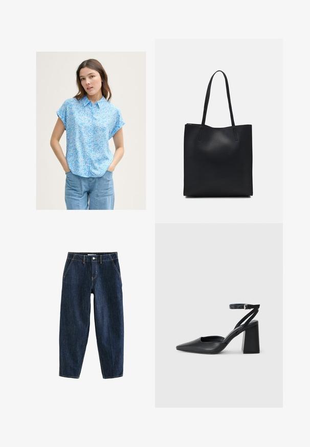 Bluză scurtă, de culoare albastru deschis, cu un model floral alb mic, cu butoane pe față și o croială lejeră. Asortată cu pantaloni din denim de culoare albastru deschis.; Pantaloni din denim albastru închis cu o croială lejeră, având cinci buzunare, curea de prindere și cusături contrastante galbene. Material curat, texturat.; Pantofii cu toc ascuțit din piele neagră, cu breteaua pentru glezne și toc gros. Textură netedă, design elegant și estetică minimală.; Geantă tote neagră din piele, cu textură netedă, formă rectangulară și două mânere lungi. Fără hardware vizibil sau ornamente.