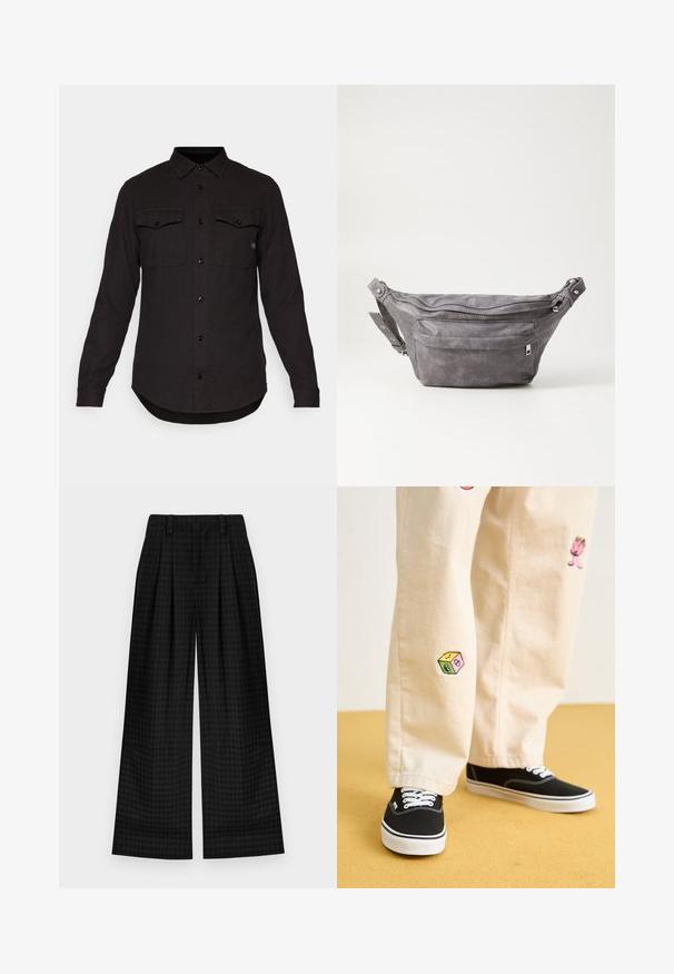 Fekete, hosszú ujjú ing, amely gombos záródású, két mellzsebe van, hegyes gallérral és ívelt derékkal rendelkezik. Texturált anyagból készült.; Fekete kockás, bő szabású nadrág, pliszírozott részletekkel, sima textúrával és klasszikus dizájnnal. Könnyű anyag a kényelem érdekében.; Beige pamut nadrág játékos hímzett mintákkal, beleértve egy rózsaszín karaktert és színes blokkot, fekete fűzős tornacipővel párosítva.; Szürke velúr övtáska kerek formával, két cipzáras rekesszel és állítható pánttal. Fém dekorációval rendelkezik.