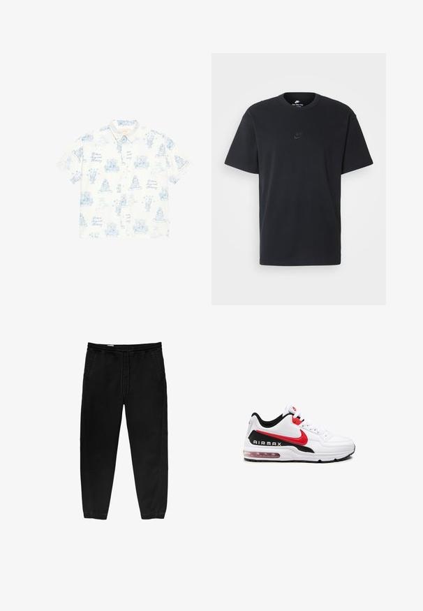 Kurzärmliges Hemd mit Knopfschluss in Weiß mit hellblauen Druckskizzen, die verschiedene Außenansichten, Blumen und dekorative Elemente zeigen.; Schwarzes Baumwoll-T-Shirt von Nike mit klassischem Rundhalsausschnitt, kurzen Ärmeln und einem dezenten, geprägten Logo auf der Brust. Glatte Textur.; Schwarze Hose mit elastischem Bund und Kordelzug, tapered Beinen, Seitentaschen und subtilen seitlichen Stickdetails. Weicher Baumwollstoff.; Weißer Sportschuh mit schwarz-roten Akzenten, ausgestattet mit einem glatten Leder-Obermaterial, Schnürung vorne und sichtbarer Luftpolsterung in der Sohle.