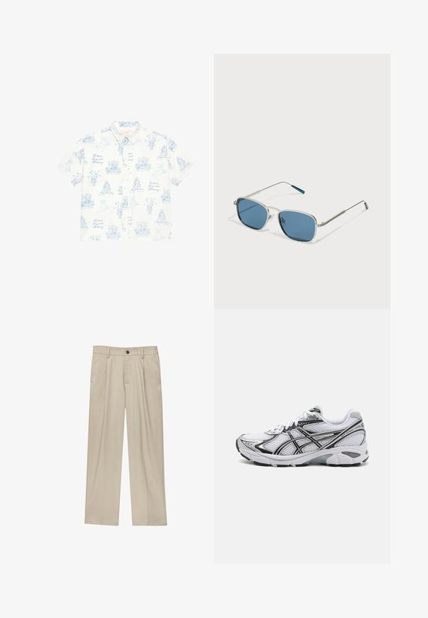 Lyhythihainen nappipaita valkoisena, jossa on vaaleansinisiä painettuja luonnoksia, esittäen erilaisia ulkoilmakohtauksia, kukkia ja koristeellisia elementtejä.; Valkoinen puuvillainen hihaton paita, jossa on pyöreä kaula-aukko, leveät olkaimet ja suora helma. Paidan tekstuuri on sileä, eikä siinä ole näkyviä kuvioita.; Beige-housut suoran leikkauksen omaavina, joissa on yksi musta nappi, vyölenkit ja sivutaskut. Sileä kangas ja minimalisti muotoilu.; Valkoinen urheilusandaali, jossa on verkkomateriaali päällinen, mustat yksityiskohdat ja hopeiset yksityiskohdat. Varustettu pehmustetulla pohjalla ja nauhatekniikalla tuen tarjoamiseksi.; Aurinkolasit, joissa on hopeametallinen kehys, suorakulmaiset siniset linssit ja ohuet varret. Kehyksissä on sinisiä yksityiskohtia temppeleiden kärjissä.