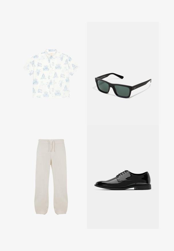 Kurzärmliges Hemd mit Knopfschluss in Weiß mit hellblauen Druckskizzen, die verschiedene Außenansichten, Blumen und dekorative Elemente zeigen.; Hellbeige Leinenhose mit elastischem Bund und Kordelzug. Gerades Bein Design mit glatter Textur und leichtem Zuschnitt an den Knöcheln.; Schwarze Lackleder-Schuh mit abgerundetem Zeh, Schnürdesign und glatter, glänzender Oberfläche. Verfügt über eine flache Gummisohle.; Schwarze rechteckige Sonnenbrille mit grünem Glas, mattem Finish, geraden Bügeln und dem Ray-Ban-Logo an der Seite.