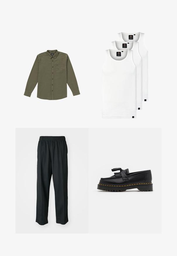 Chemise à boutons pour hommes de couleur vert olive. Fabriquée en tissu doux, elle comprend des manches longues, une poche poitrine et des boutons noirs. Conception à col standard.; Trois débardeurs blancs côtelés en coton. Présentent un col rond et de petites étiquettes noires près de l'ourlet. Disponibles en plusieurs tailles.; Pantalons de sport noirs avec une taille élastique, fabriqués en tissu lisse, présentant des coutures latérales discrètes et une coupe décontractée, avec un design à jambes droites.; Mocassin en cuir noir avec un accent à frange, doté d'une semelle épaisse noire et d'une couture jaune le long du bord. Fini texturé.