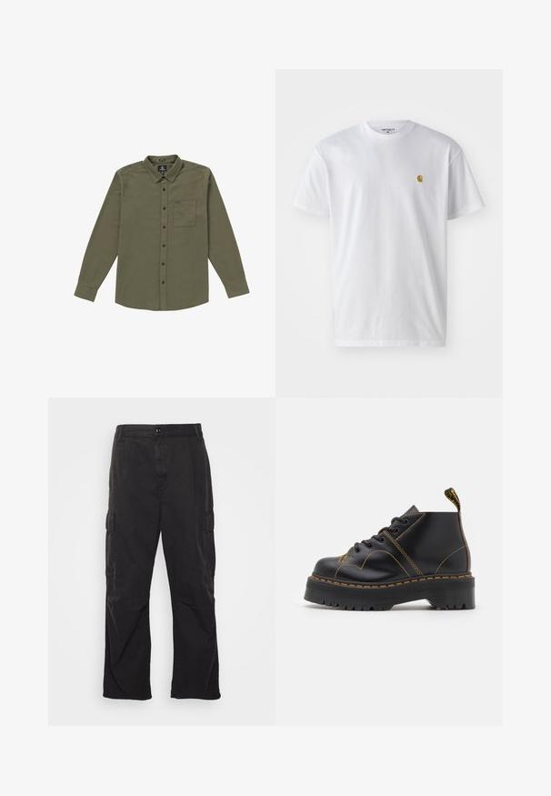 Męska koszula zapinana na guziki w oliwkowym kolorze. Wykonana z miękkiego materiału, z długimi rękawami, kieszonką na piersi i czarnymi guzikami. Standardowy krój kołnierzyka.; Biała bawełniana koszulka z krótkim rękawem, okrągłym dekoltem, z małym złotym logo na lewej części klatki piersiowej. Miękka textura i regularny krój.; Czarne spodnie cargo z prostym krojem nogawki, z dwoma bocznymi kieszeniami, zapięciem na guzik i teksturowanym materiałem.; Czarne botki do kostki z grubą, żłobioną podeszwą, kontrastującym żółtym przeszyciem i pętlą na pięcie. Gładki skórzany materiał.
