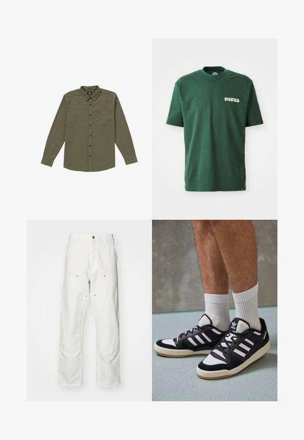 Męska koszula zapinana na guziki w oliwkowym kolorze. Wykonana z miękkiego materiału, z długimi rękawami, kieszonką na piersi i czarnymi guzikami. Standardowy krój kołnierzyka.; Zielona bawełniana koszulka z klasycznym okrągłym dekoltem, krótkimi rękawami i białym logo "DICKIES" na lewej piersi. Gładka tekstura, casualowy design.; Białe bawełniane spodnie cargo o luźnym kroju. Cechy to przednie kieszenie, złote akcenty oraz wzmocnione części kolan.; Czarno-białe sneakersy z zamszową i skórzaną cholewką, z trzema białymi paskami, perforowanym czubkiem i gumową podeszwą w kolorze gumy.