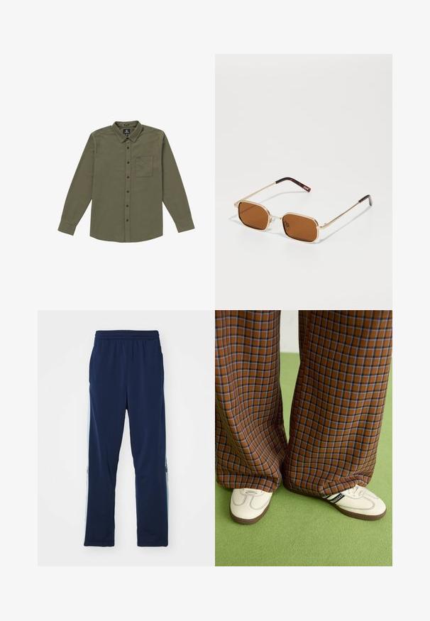 Herren Button-Up-Shirt in Olivgrün. Hergestellt aus weichem Stoff, mit langen Ärmeln, einer Brusttasche und schwarzen Knöpfen. Standard-Kragen-Design.; Marineblaue Trainingshose aus elastischem Stoff, mit einem breiten elastischen Bund, geradem Schnitt und leichten seitlichen Akzenten mit Logos.; Braun und blaue Karohosen mit weitem Bein, kombiniert mit weißen Schuhen mit schwarzen Akzenten und strukturierten Sohlen, vor einem grünen Hintergrund.; Goldene Metallsonnenbrille mit rechteckigen braunen Gläsern, ausgestattet mit einem dünnen Rahmen und Bügeln im Schildpatt-Muster.