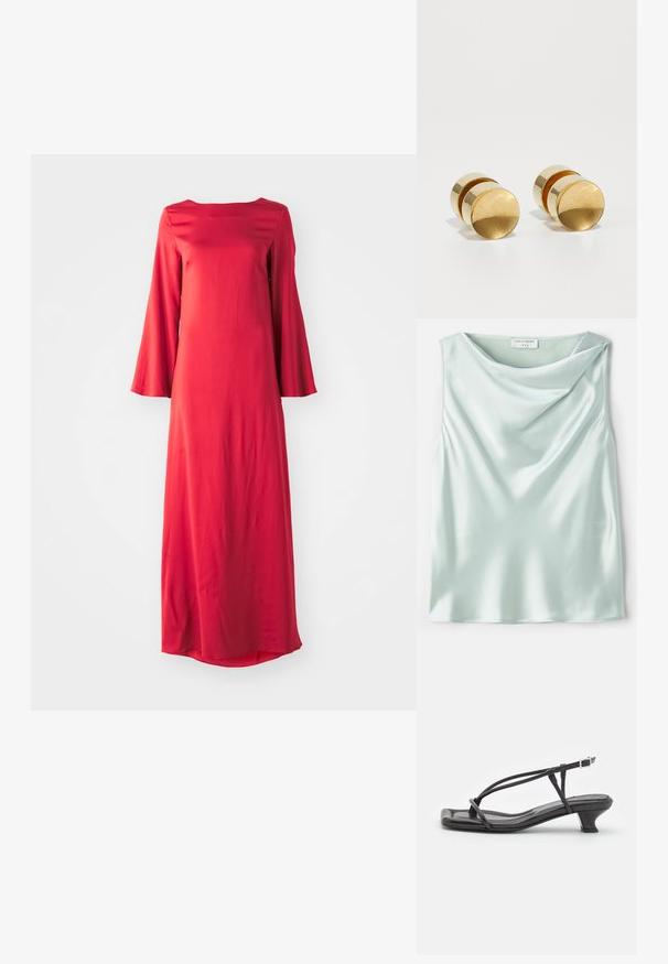 Top senza maniche in satin blu chiaro con scollatura drappeggiata e superficie liscia. Etichetta con la scritta "Tiger of Sweden 1993."; Lungo abito rosso in tessuto leggero, con scollo a bateau e ampie maniche a campana. Texture liscia con silhouette dritta.; Sandalo in pelle nera con cinturini sottili, tacco basso a blocco e punta quadrata. Presenta una chiusura con fibbia e una superficie liscia.; Borsa a tracolla in pelle nera a forma di mezzaluna, superficie texturizzata, zip dorata e tracolla piatta. Design compatto adatto per gli essenziali.; Orecchini in metallo dorato con una semplice forma rotonda, caratterizzati da una finitura liscia e una fascia centrale lucida. Misurano circa 1 cm di diametro.