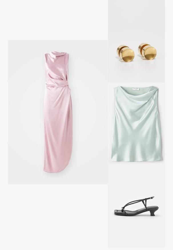 Világoskék selyem ujjatlan top, drapírozott cowl nyakkivágással és sima textúrával. A címke szerint "Tiger of Sweden 1993."; Selyemhez hasonló, rózsaszín ruha, drapált kialakítással, amelyen egy csomózott rész található a deréknál, és egy oldalsó hasíték a könnyebb mozgás érdekében. Simaságot biztosító textúra.; Fekete bőr szandál vékony pántokkal, alacsony blokk sarkú és négyzetes orrú. Csattal záródik és sima textúrájú.; Arany fém fülbevalók egyszerű, kerek formával, sima felülettel és középen fényes sávval. Átmérője körülbelül 1 cm.